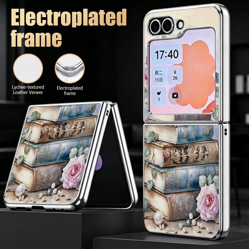 Retro Watercolor Flower Print Case For Samsung Z Flip 8 7 6 5 Luxury Plating Leather Skin Folding Phone Cover For Galaxy Z Flip8 Flip7 Flip6