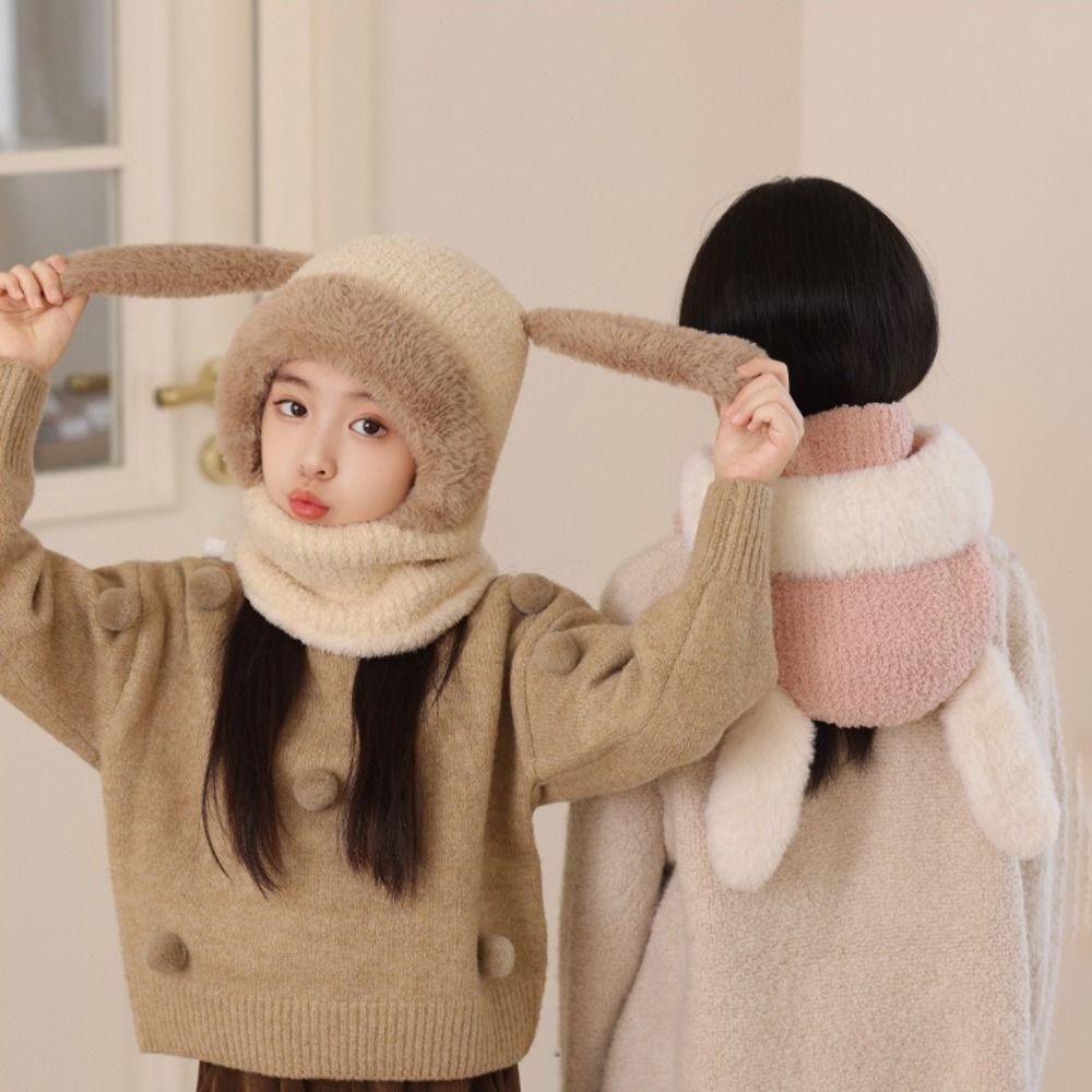 Knitted Beanie Rabbit Ear Winter Hat Warm Ears Pullover Cap Plush Scarf Hat  Kids Winter Wear