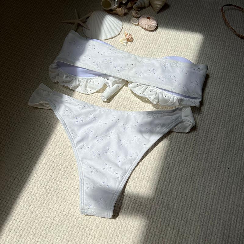 Sexy Off Shoulder White Bikinis Set Women Push Up Ruffled Swimsuit Bow Tie Beach Bathing Suit Solid Low Waist Swimwear Biquini