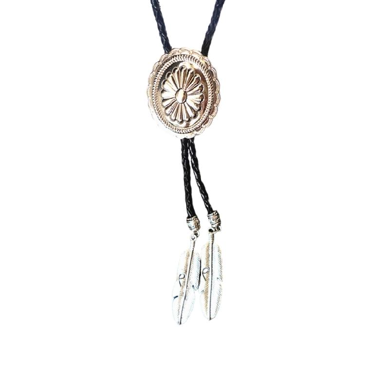 Western Cowboy Vintage Metal Flower Bolo Tie Adjustable Braided Rope Necktie Feathered Pendant Charm Jewelry Necklace