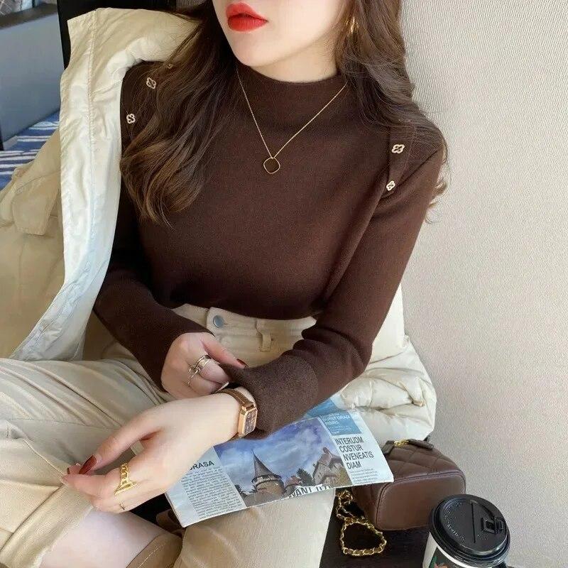 Casual Long Sleeve Soft Warm Sweater Women Fashion Stand Collar Base Pullover Women Autumn And Winter Thickened Knitwears Tops 29602
