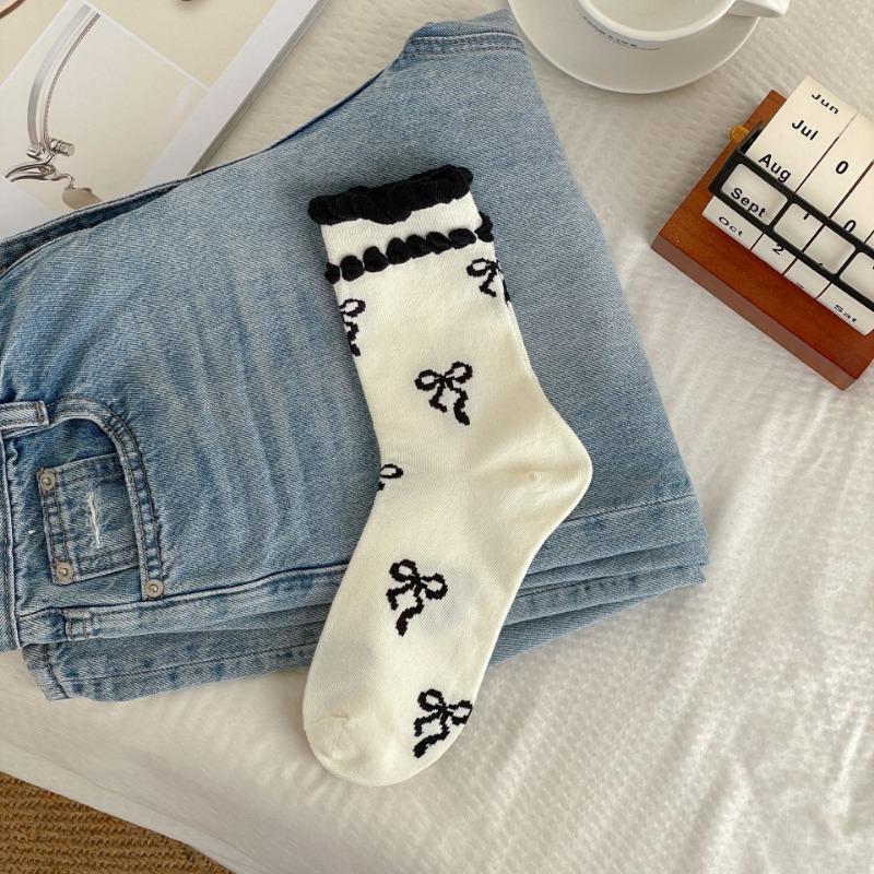Ladies Spring and Summer New Style Bow Lace Breathable Wicker Cotton Socks