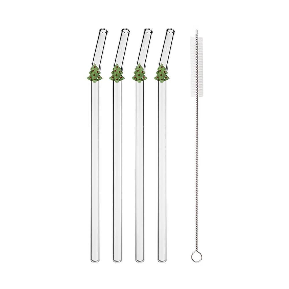 Christmas Tree Glass Straws Reusable Clear Straws for Smoothies Cocktails Drinking Eco Friendly Bar Tools Drinkware Straws