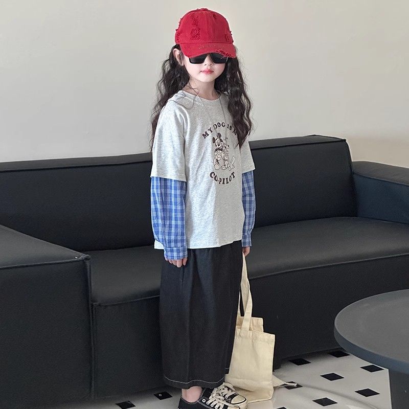 Girls Block Long Sleeve Mock Layer Tee Stylish Spring Autumn Top