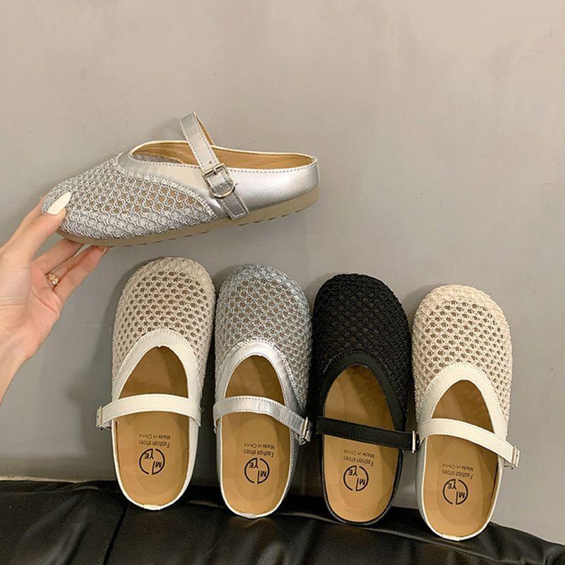 Hollow Woven Bag Head Half Slippers Women's Summer Wear 2025 New Flat-bottomed Breathable One-pedal Hole Shoes Sandals