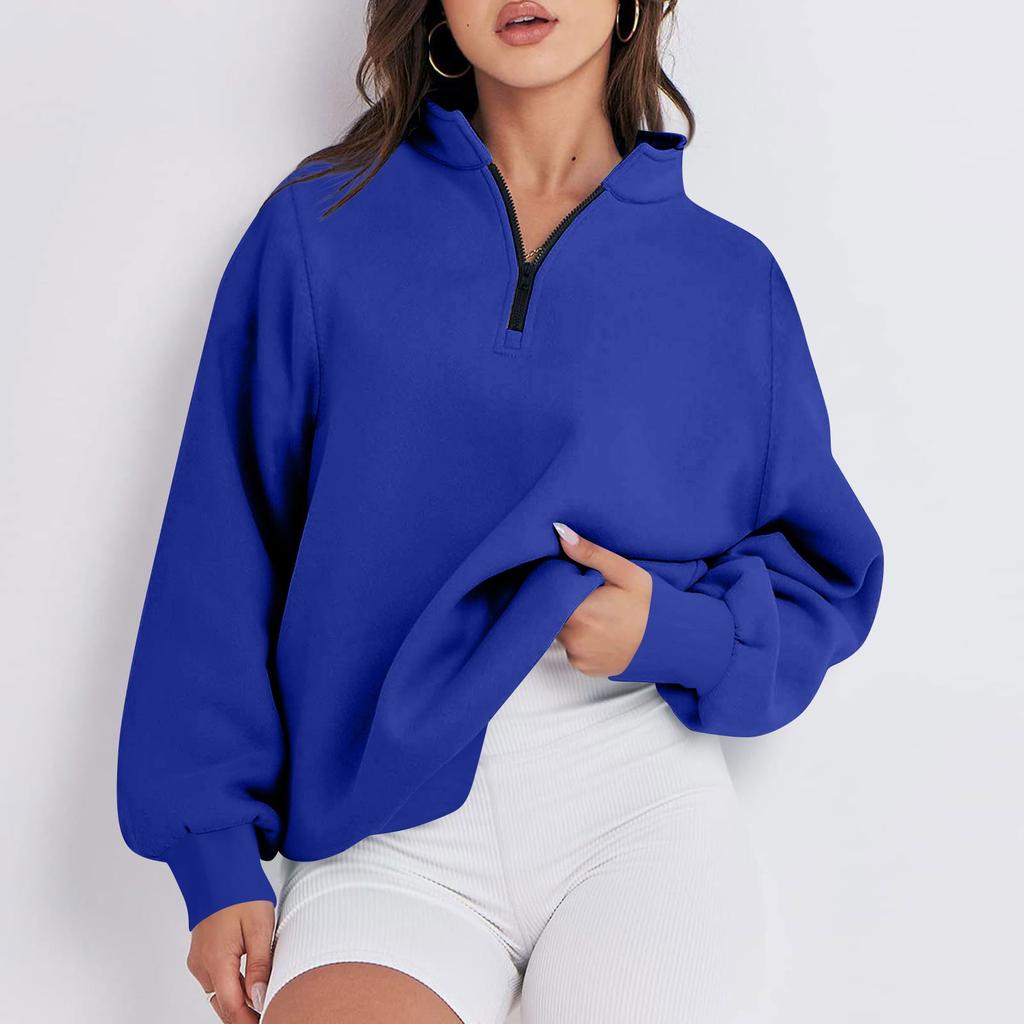 Women's Casual Fashion Long Sleeve Solid Color Zip Sweatshirt Top