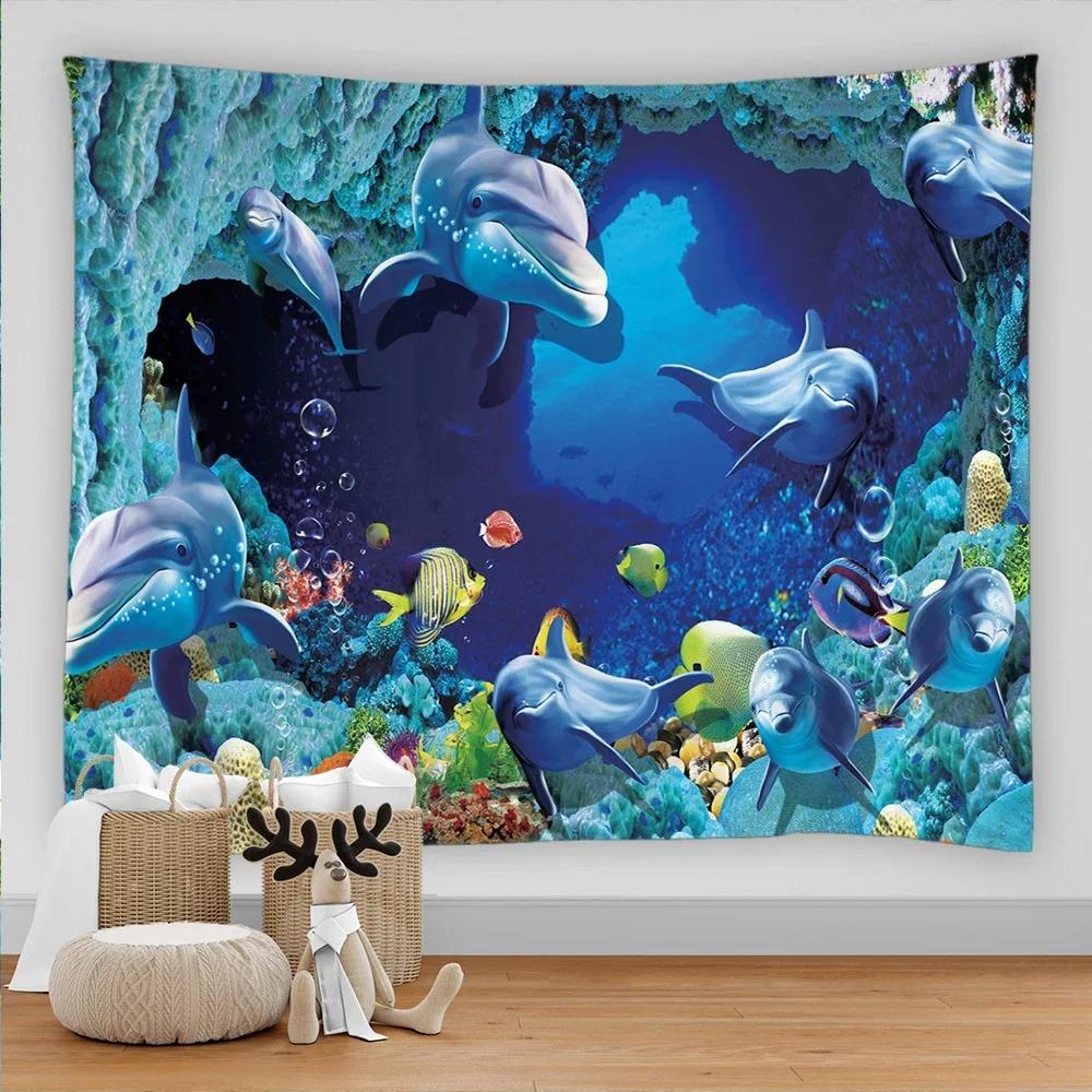 Marine Animal Home Decorative Fabric 3D Digital Printing Tapestry Psychedelic Undersea World Sea Fish Dolphin