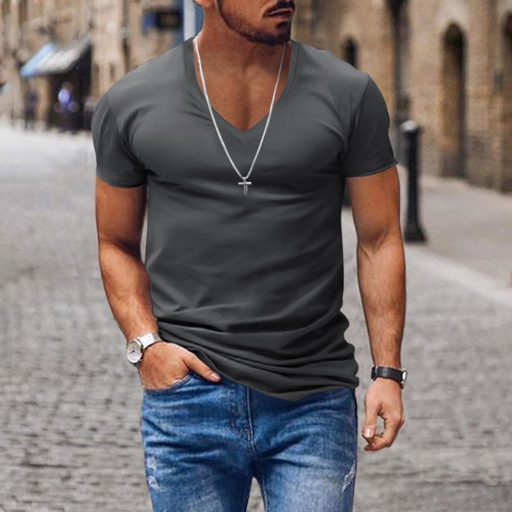 Men's Short Sleeve V-neck T-shirt Solid Color Casual T-shirt Short Sleeve