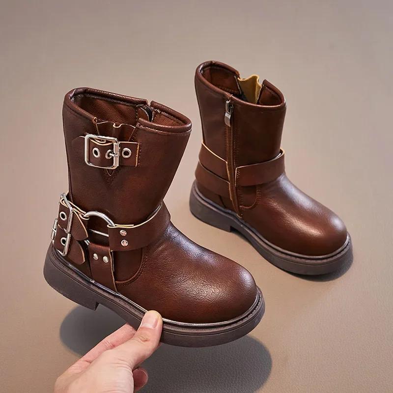 2024 Children Leather Shoes for Girls Autumn Winter New Fashion British Style Soft Bottom Anti-slippery Versatile Short Boots