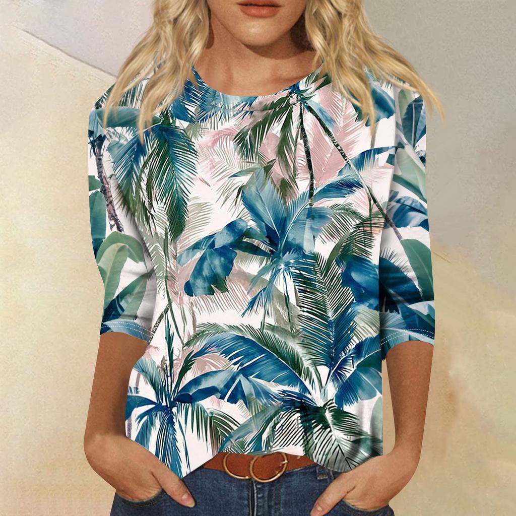 Women's Fashionable Casual Round Neck Three-Quarter Sleeve Printed T-Shirt Top