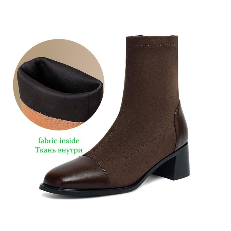 Krazing Pot Microfiber Flock Square Toe Med Heels Elastic Boots Size 43 Zipper Women Basic Design Ankle Boots