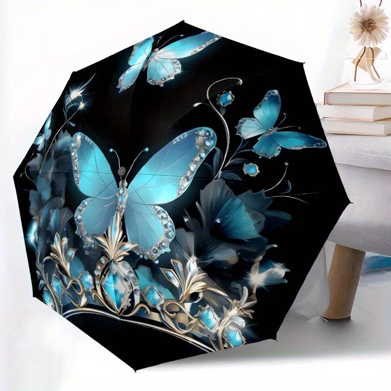 1pc Automatic Open/Close Umbrella with Crown & Butterfly Design - Lightweight Portable 8-Rib Iron Frame, Elegant Blue Butterfl