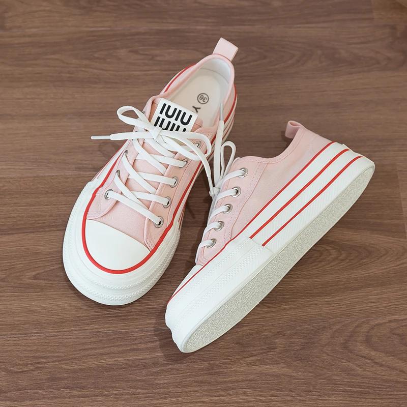 Fashion Women's Canvas Sneakers Thick Bottom Casual Sports Shoes Round Toe Lace-Up White Shoes Good Matching Platform Shoes
