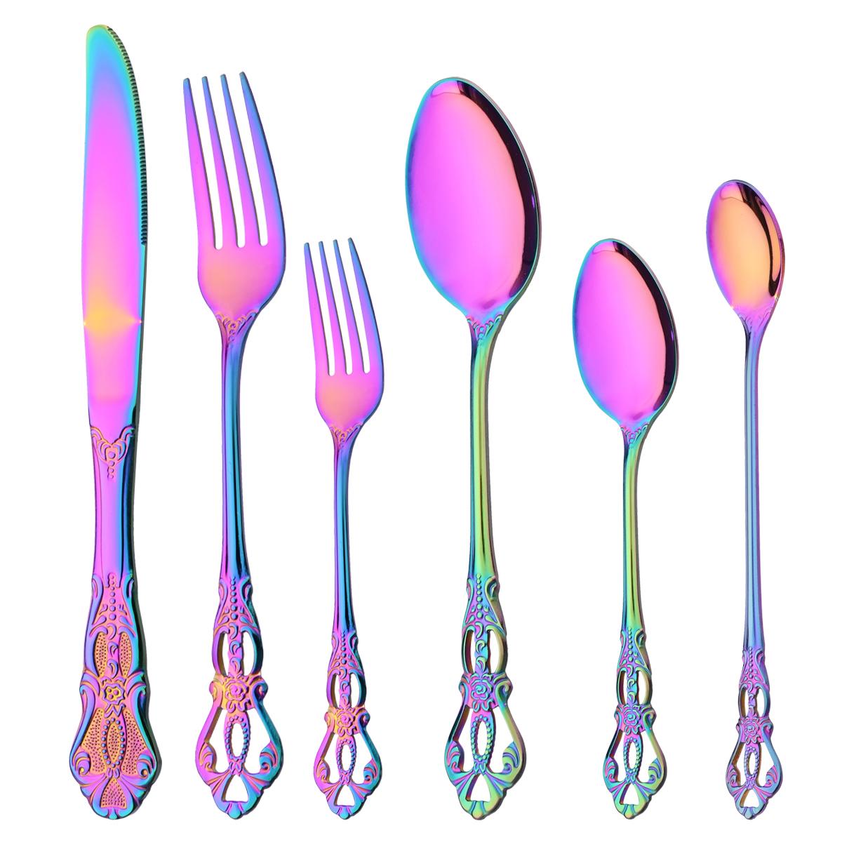 

6 шт., винтажный набор столовых приборов, набор столовых приборов из нержавеющей стали, нож, вилка, ложка для перемешивания кофе, посуда, кухонное серебро разноцветный