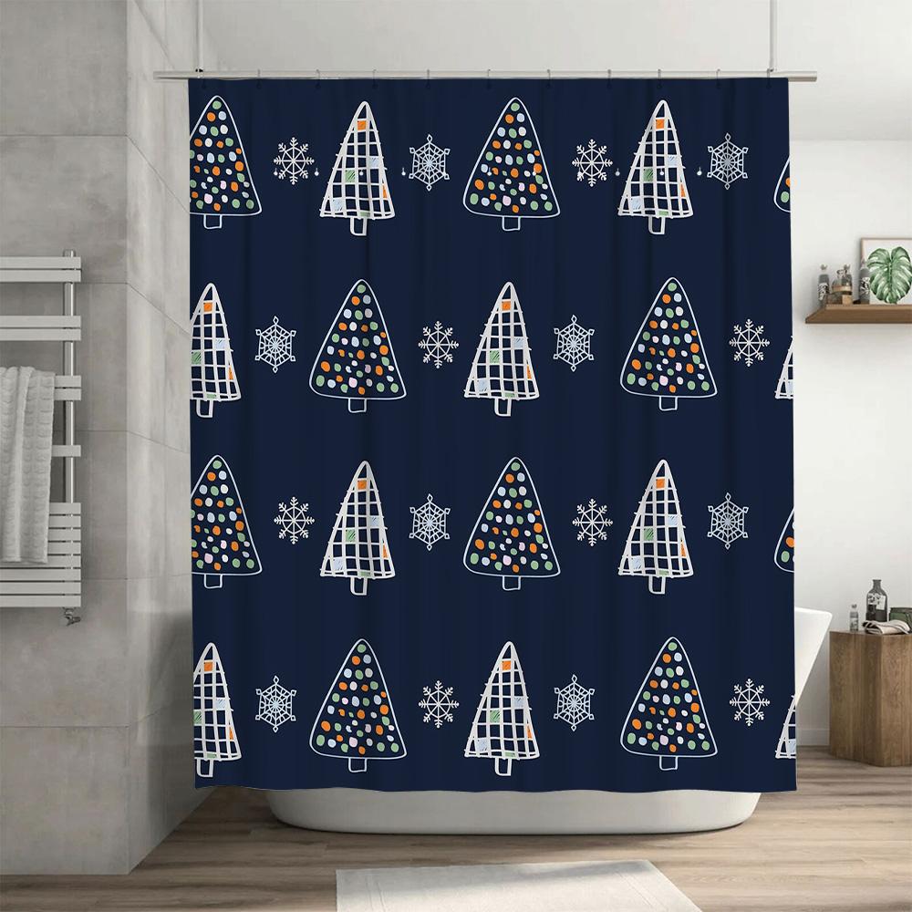 Christmas Tree Shower Curtain Festive Decor for Bathroom, Navy Blue with Snowflakes Lights Waterproof Fabric Set of 1 (27 x 84)