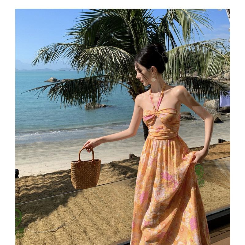 Damen Sommer Strand Urlaub Bedrucktes Chiffon Rückenfreies Neckholderkleid