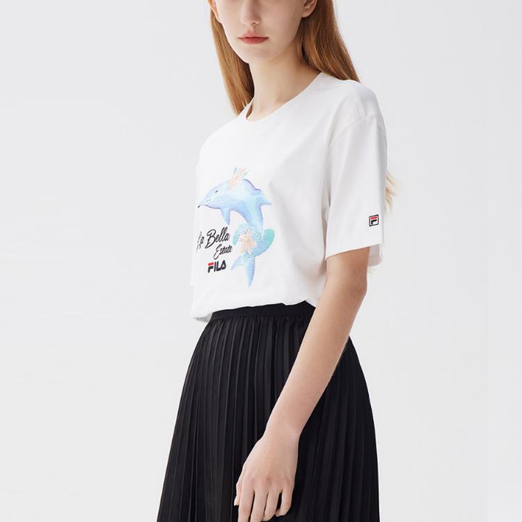 Fila Dolphin Print Casual Sports Short Sleeve T-Shirt Women Tops White F51W128107F-WT