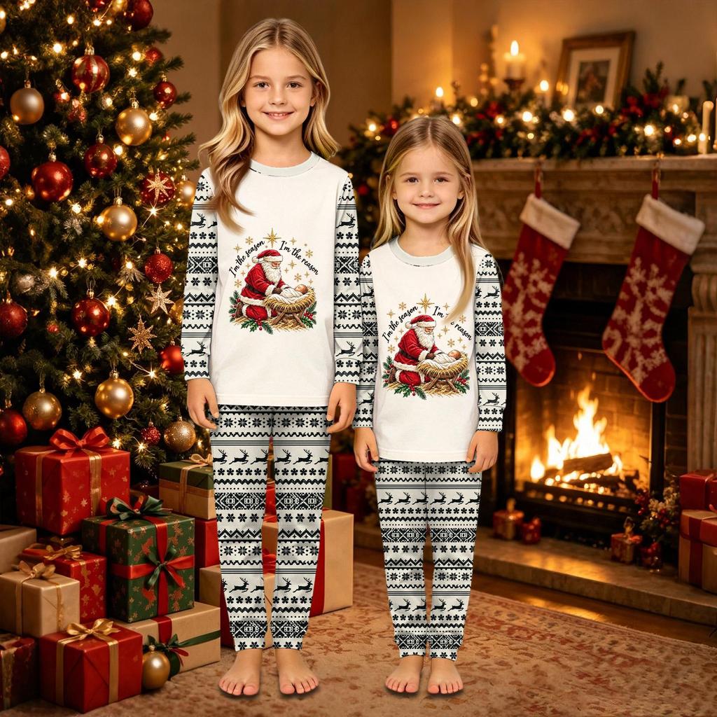 Family Matching Parent-Child Christmas Print Crewneck Long Sleeve Pants Set for Holiday