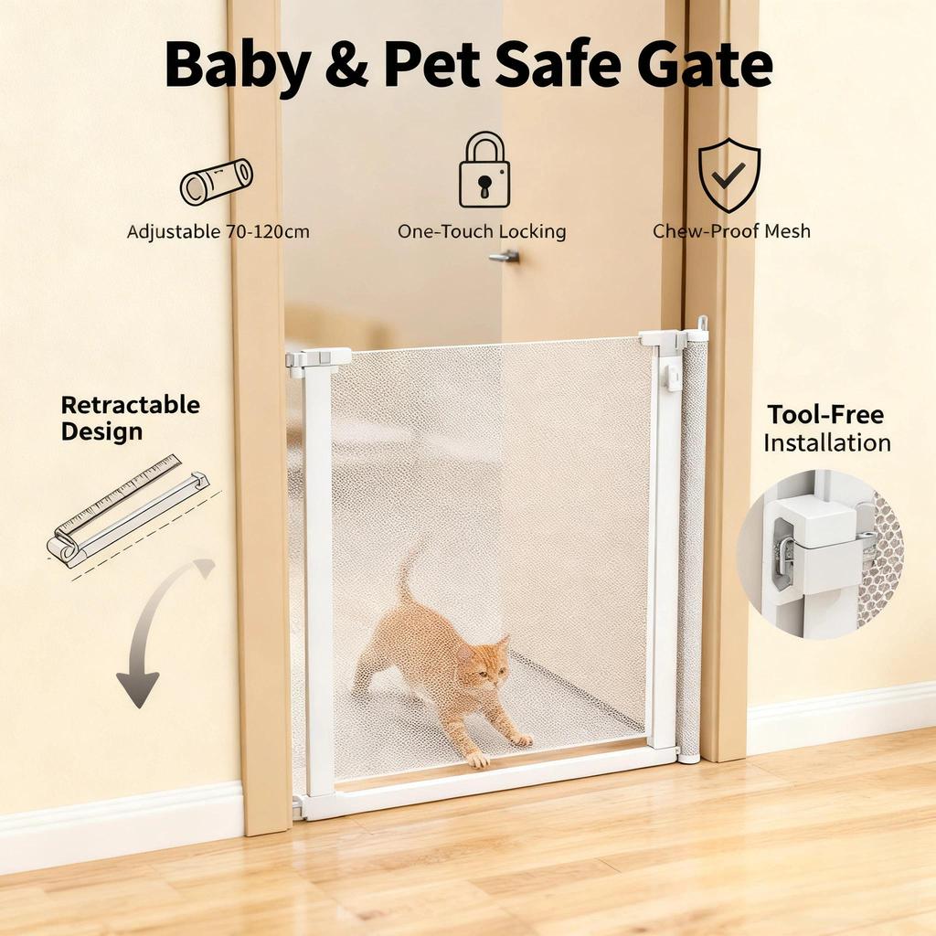 Retractable Cat Gate Anti-Jump Pet Fence - Adjustable Indoor Barrier for Cats with Walk-Through Door