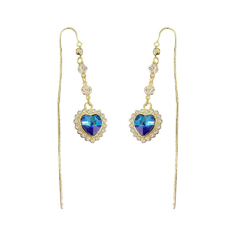 1Pair Exquisite Blue Heart Shape Zircon Earrings for Women Luxury Long Tassel Ear Line Dangle Earring Wedding Party Jewelry for Women