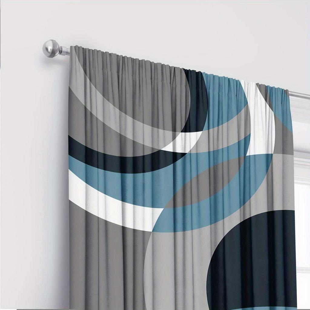 2Pc Modern Geometric Circular Pattern Curtains, Polyester Fabric, Machine Washable, Suitable For Living Room/Bedroom
