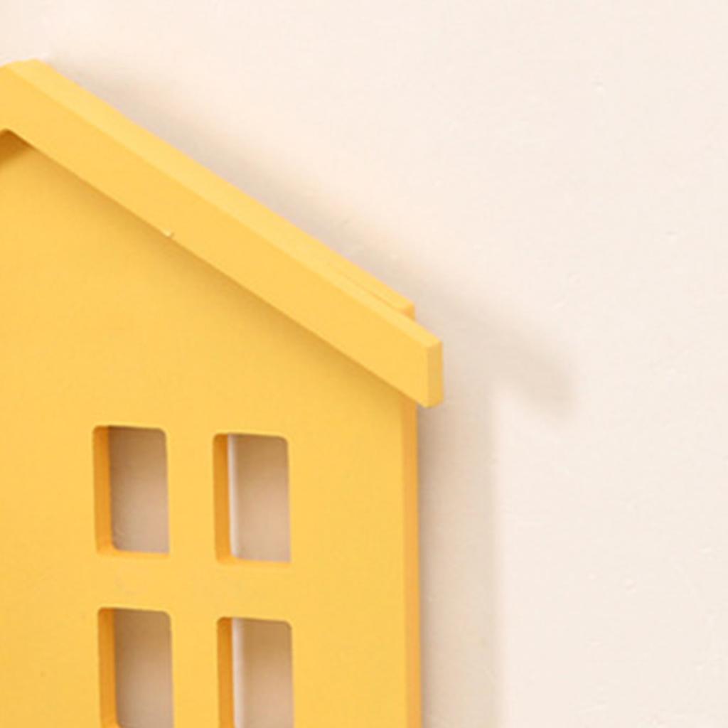 Wall Storage Shelves Hand Made Wood House Shape Wall Mounted Shelf for Bedroom Living Room Yellow