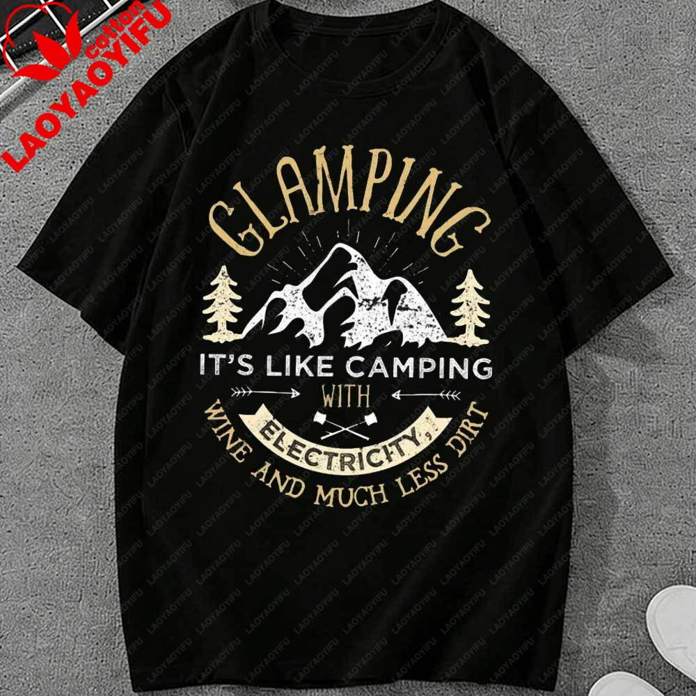 Vintage Glamping TShirt for Unisex Women Funny Camping Graphic Tee Outdoor Hiking Mountain Print Short Sleeve Tops Casual Cotton