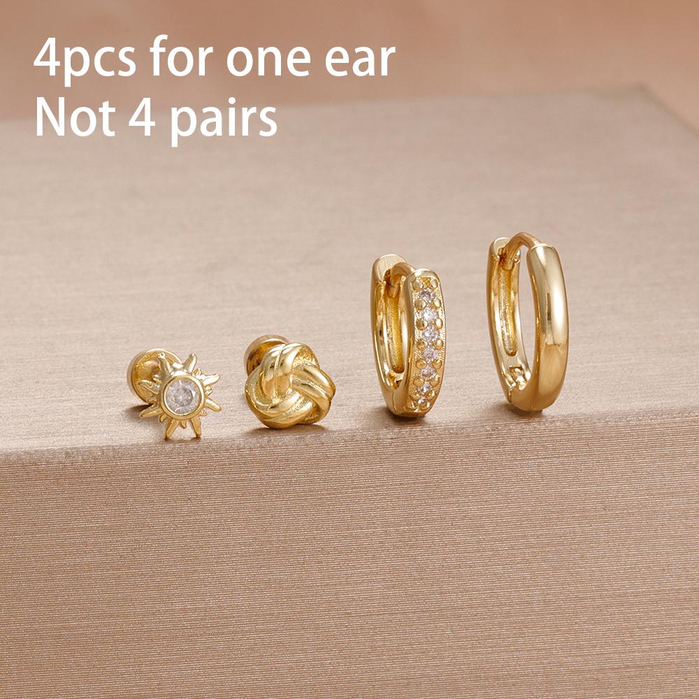 4 Stück Französisches Design Edelstahl Huggie Creolen Set Für Damen Anhänger Blumenkrone Zirkon Ohrstecker Piercing Schmuck