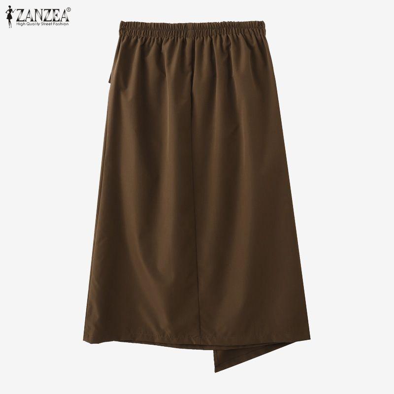 ZANZEA Women Casual Elastic Waist Solid Color Midi Skirts