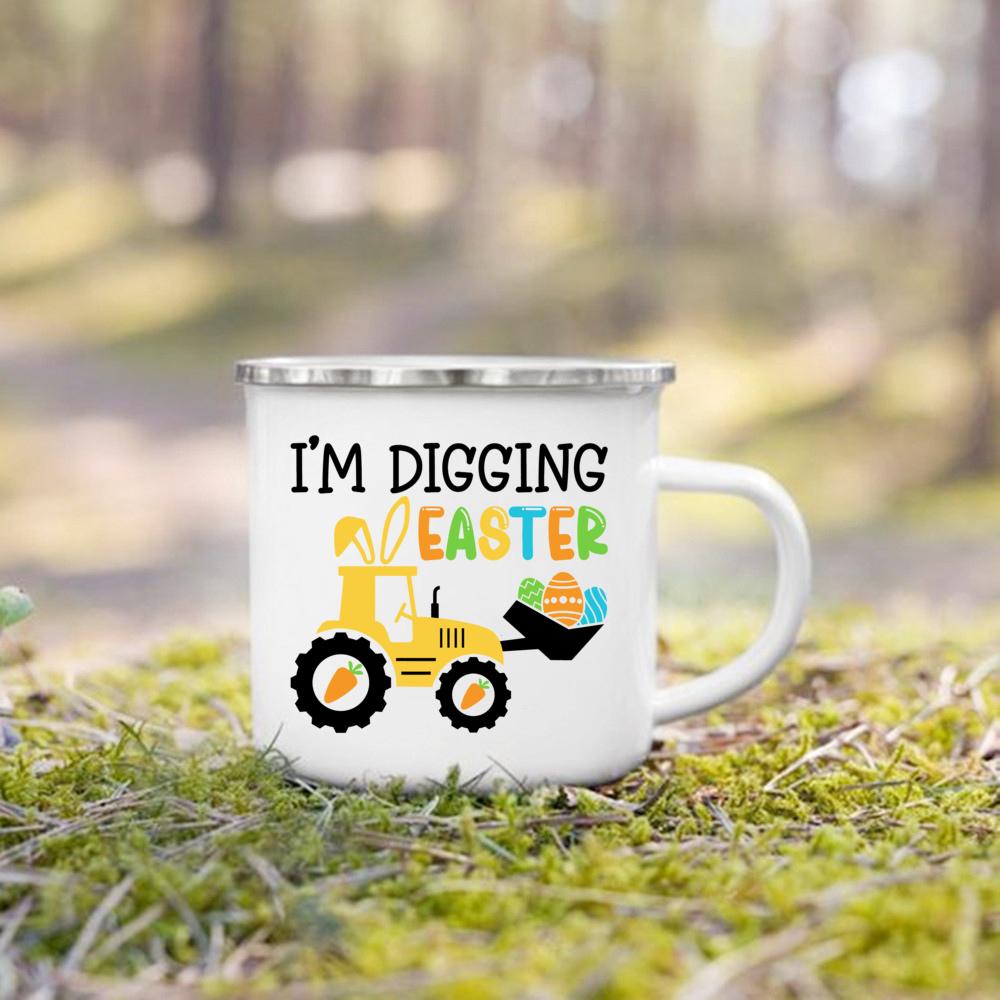 Cute Bunny Egg Print Cups Happy Easter Enamel Mugs Fall Easter Party Wine Juice Mug Dessert Cocoa Milk Handle Cup Gift for Child