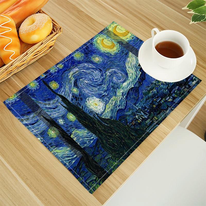 Van Gogh The Starry Night Print Linen Dining Table Mats Alphabet Kitchen Placemat 30X45cm Coasters Pads Bowl Cup Mat