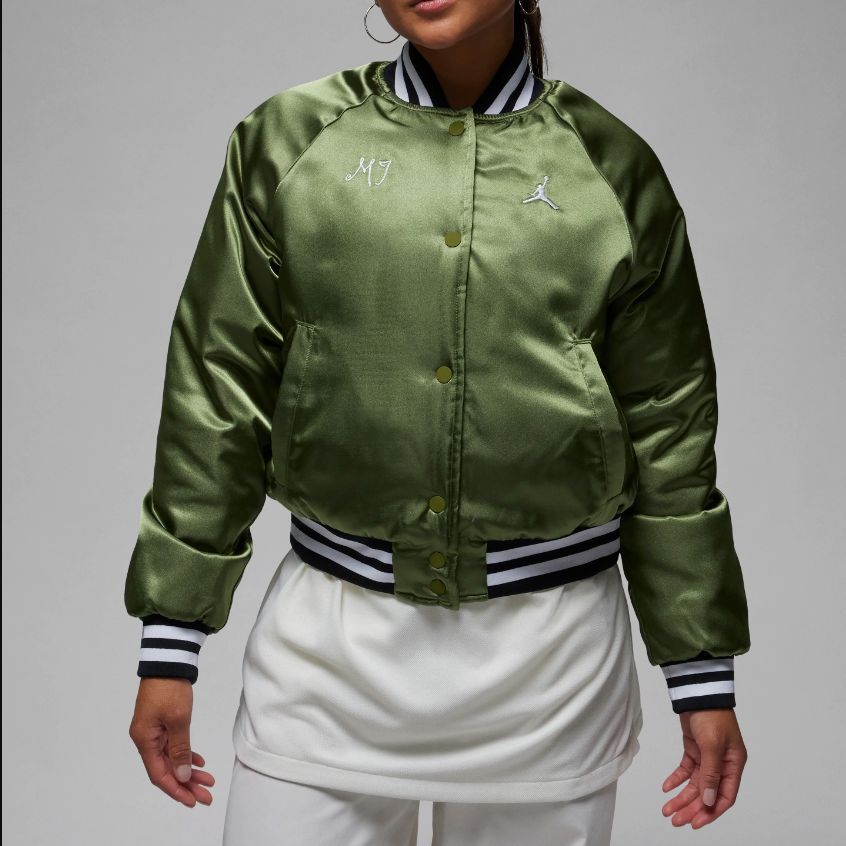 Jordan Spliced Embroidered Logo Baseball Collar Casual Jacket Women Outerwear Light-Olive-Yellow FB5154-340