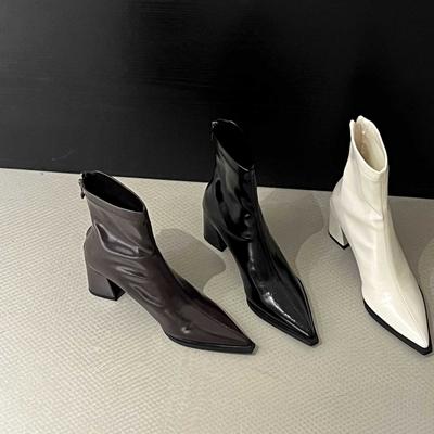 Martin Boots Short Boots Pointed Black Short Boots Women's Spring Season Explosion High Heel Thick Heel Fashion French