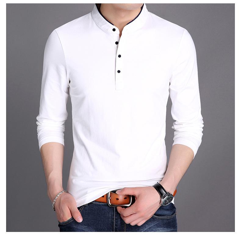 Men's Slim Fit Korean Style Stand-Up Collar Long Sleeve T-Shirt, Solid Color Spring Fashion