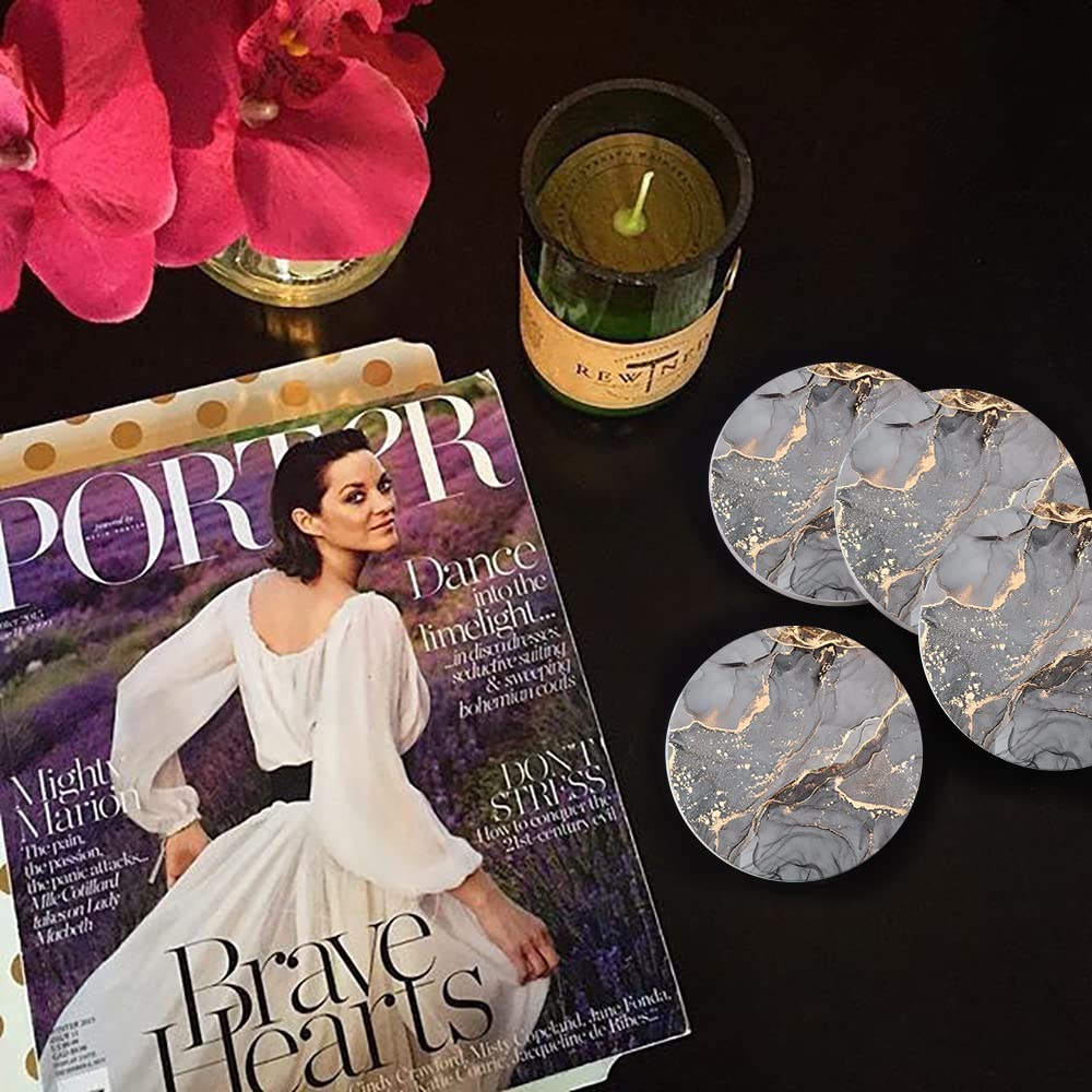 HAOCOO Stylish Ceramic Coasters with Marble Pattern and Cork Backing, Set of 4, Round, for Mugs and Tea, Insulating, Better Than Diatomaceous Earth,