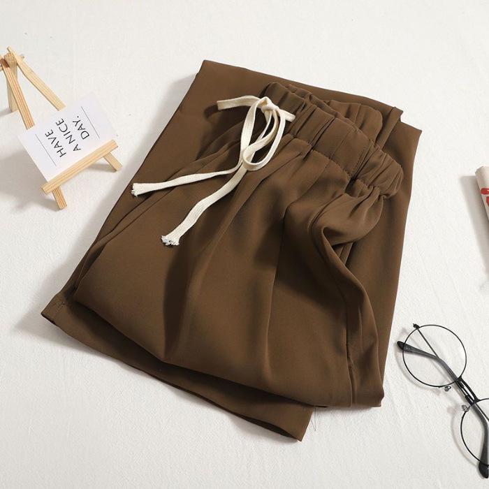 Plus Size Coffee Ice Silk Suit Pants - Women's Summer Elastic Waist Chiffon Wide Leg Petite Pants