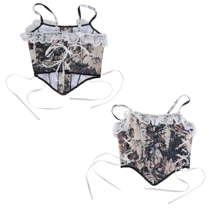 Tops Corsé Para Mujer Para Salir Bustier Floral Con Cordones para Camisetas Sin Mangas Crop Top Corsé Moldeador de Cintura Con Tirantes