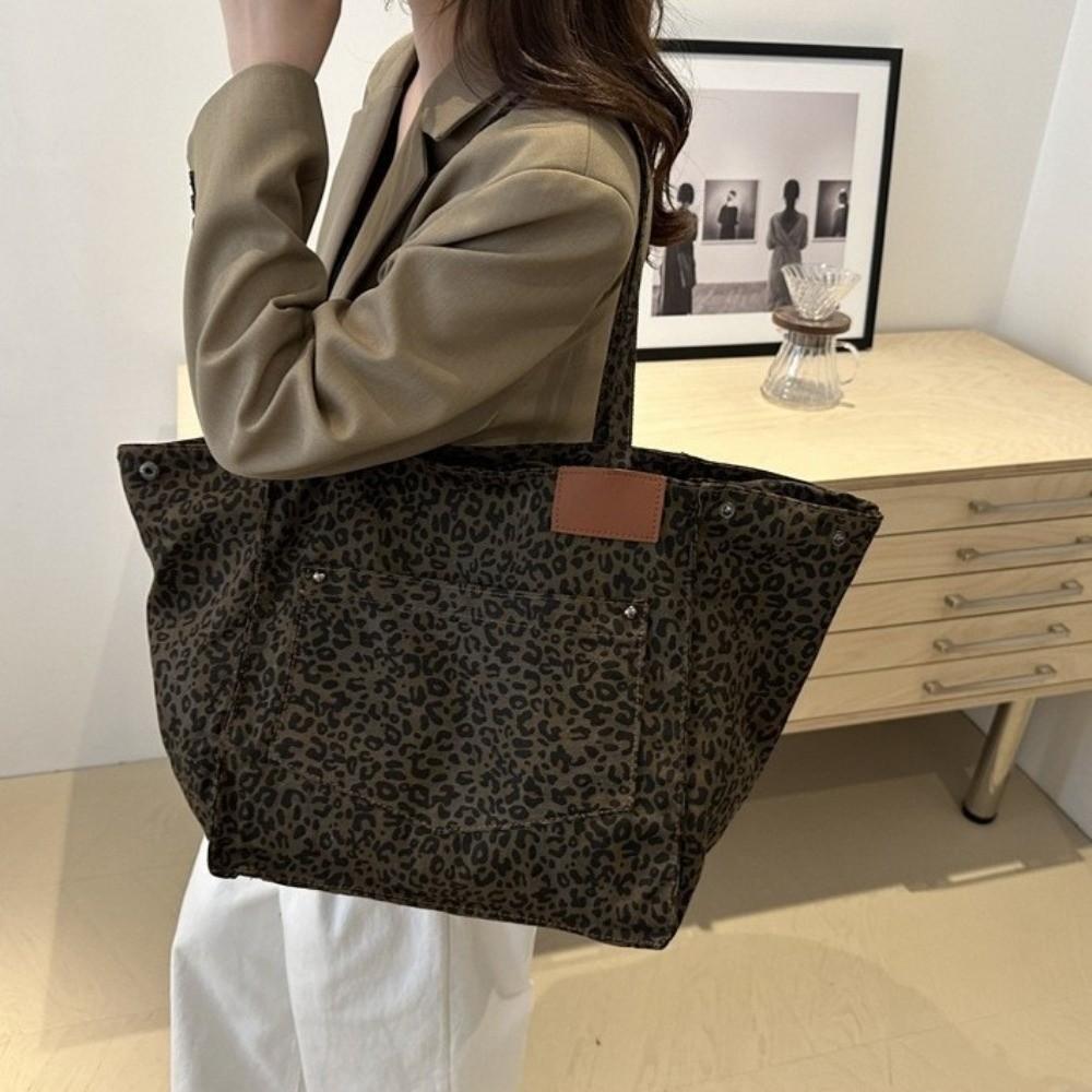 Korean Style Leopard Print Shoulder Bag Large Capacity Women Handbag Simple Canvas Tote Bag Sports