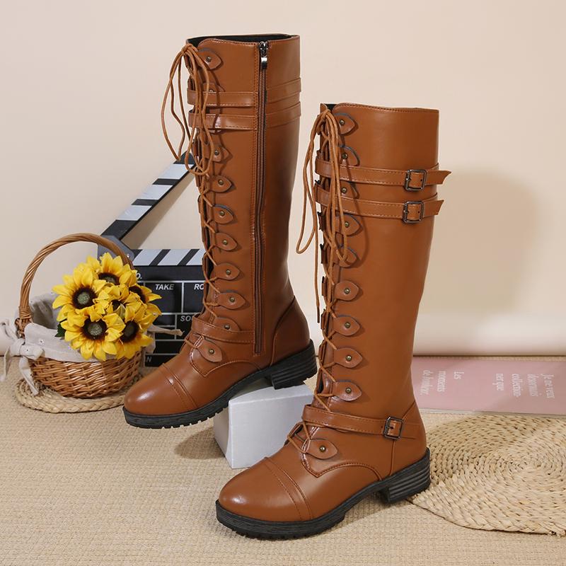 Fashion Women Knee High Boots Brand Lace Up Platform Shoes Women Sexy Buckle Retro Buckle Luxury Shoes Designer Snow Boots Women