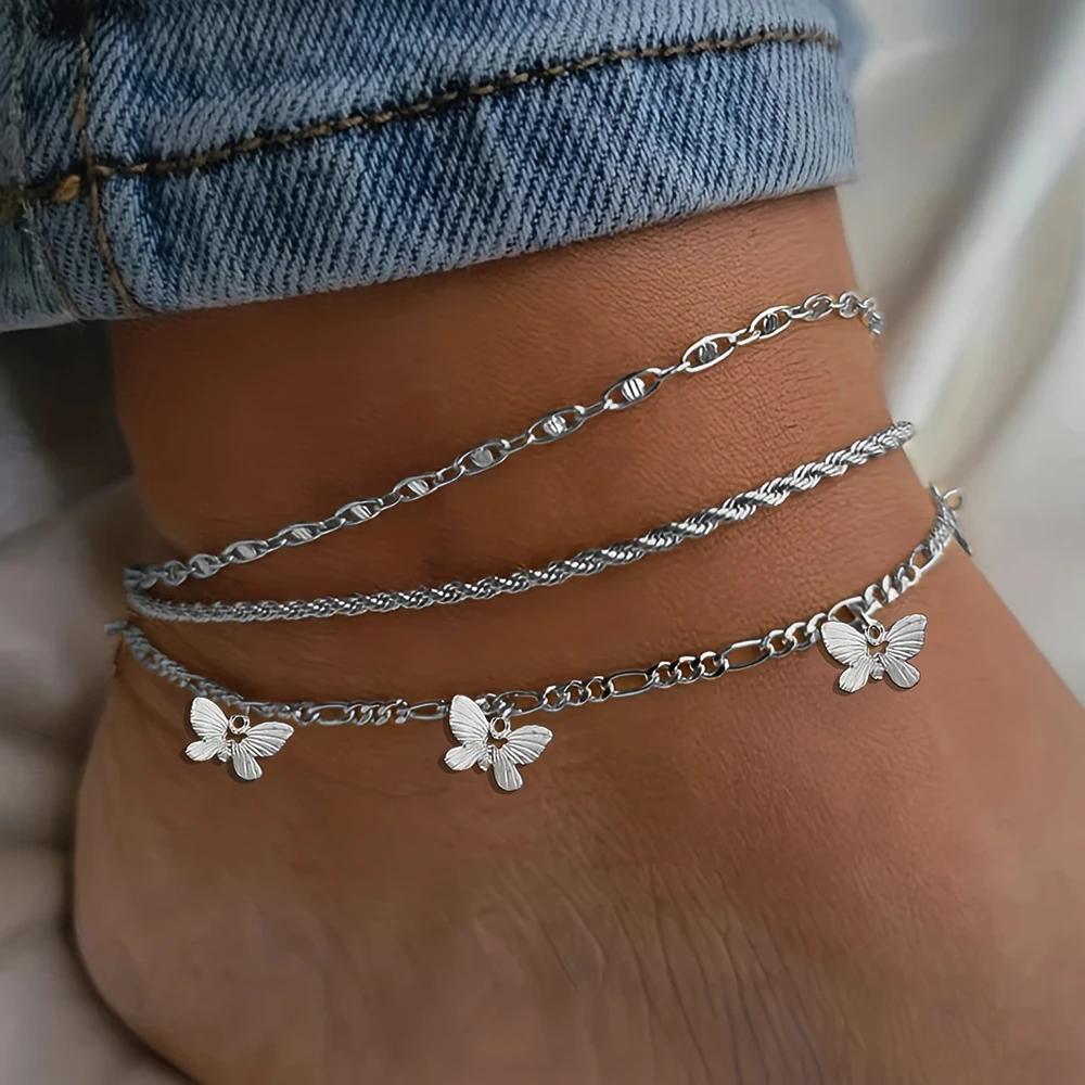 

1-3pcs Simple Metal Chain Butterfly Pendant Anklet for Women Adjustable Layered Vintage Minimalist Beach Anklet Set Foot Jewelry