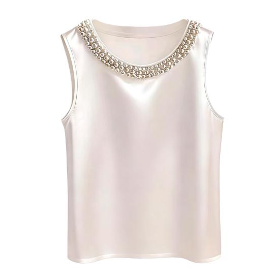 Damska kamizelka jedwabna satynowa bez rękawów z kołnierzem z sztucznych pereł luźny krój letnie topy formalne półformalne