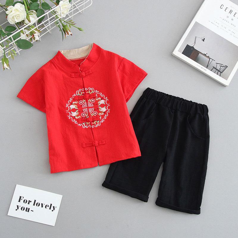 Completo Estivo da Ragazzo a Maniche Corte Stile Cinese per Bambini Hanbok Bello Completo Tang Cotone Lino Sezione Sottile di Abbigliamento Antico