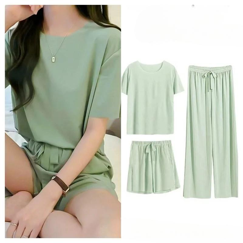 3pcs/Set Ice Silk Ladies Pajama Set Ladies Homewear Simple Casual Comfortable Loose Short Sleeve Shorts Pants Set School Pajamas