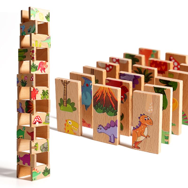 Wooden Jigsaw Puzzle Dinosaur Solitaire Game for Kids Cartoon Montessori Toy for Early Education Hand Scratch Board Domino Toys