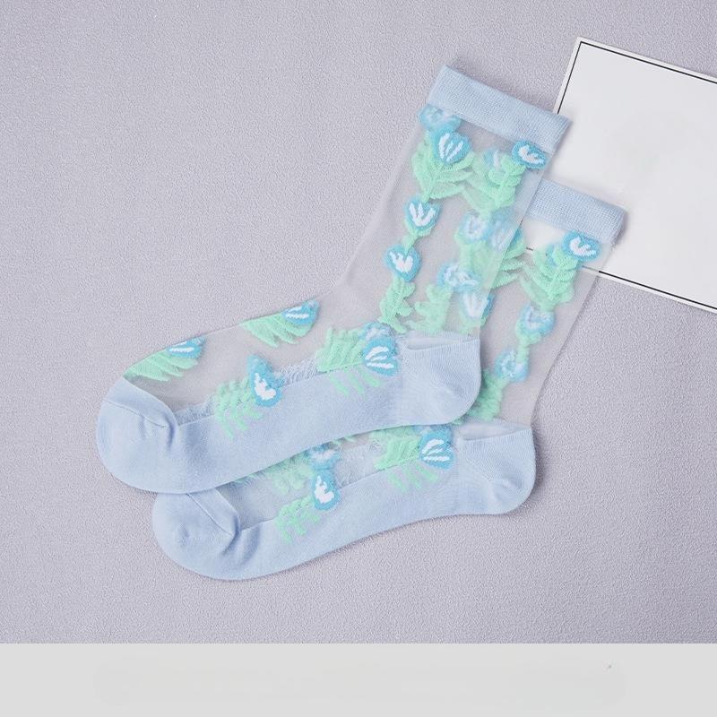 Summer Women Socks Ultra-thin Transparent Crystal Silk Socks Women Cartoon Print Japanese Kawaii Cute Funny Elastic Long Socks