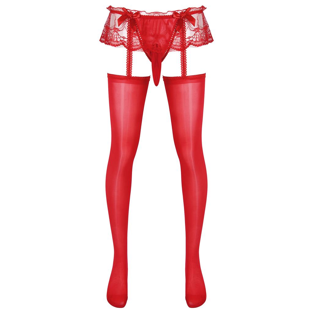 Mens Exotic Sheer Lace Briefs with Stocks Cutout Pantyhose Bulge Pouch G-Strings Glossy Garters Leggings Sissy Nightwears Party