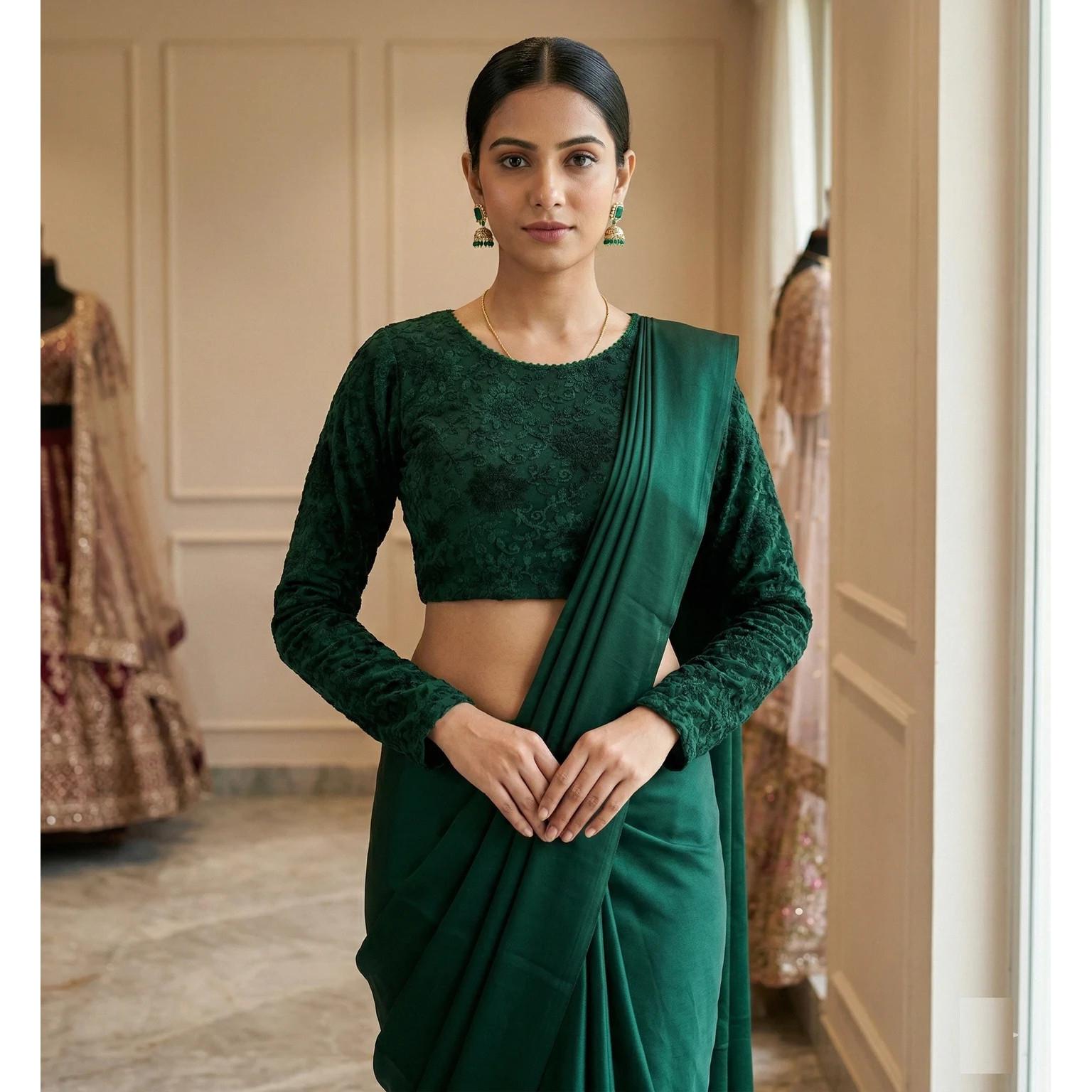 Dark Green Beautiful Embroidery Blouse Indian Bollywood Round Neck Ethnic Choli