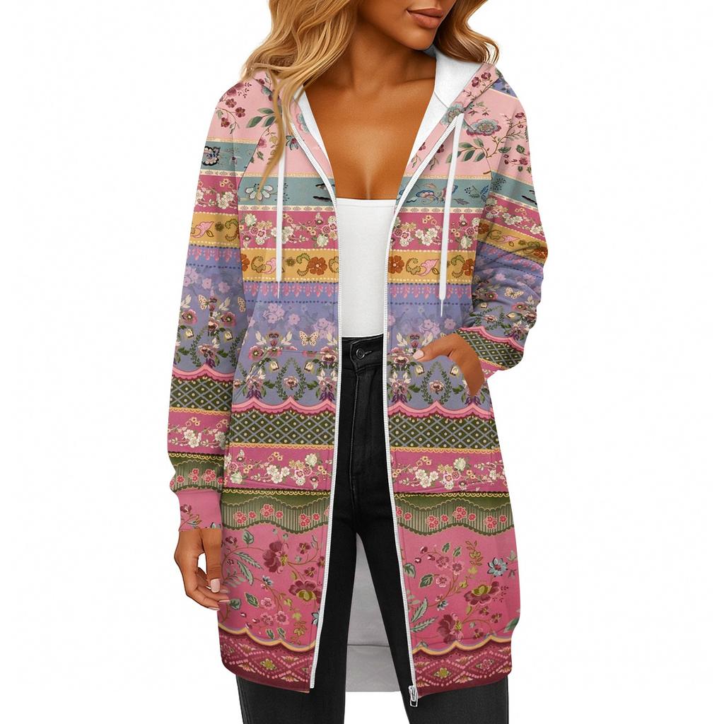 Women's Fashionable Printed  Long Sleeved Drawstring Hooded Zipper Pocket Long Casual Sweatshirt Jacket