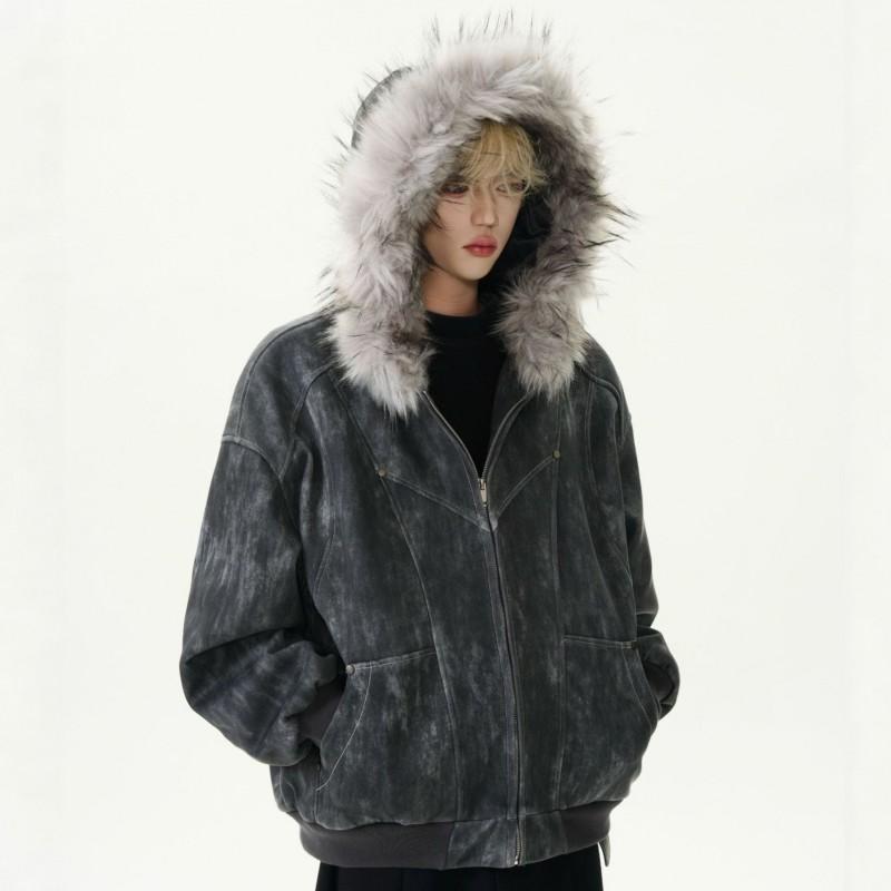 Mens Tie-Dye Thick Warm Hooded Cotton Coat Winter Casual Loose Fit Fashion Outerwear
