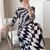 Miyake Geometric Print Women's Pleated Dress with Waist-Cinch and Three-Quarter Sleeves – Elegant and Slimming Design